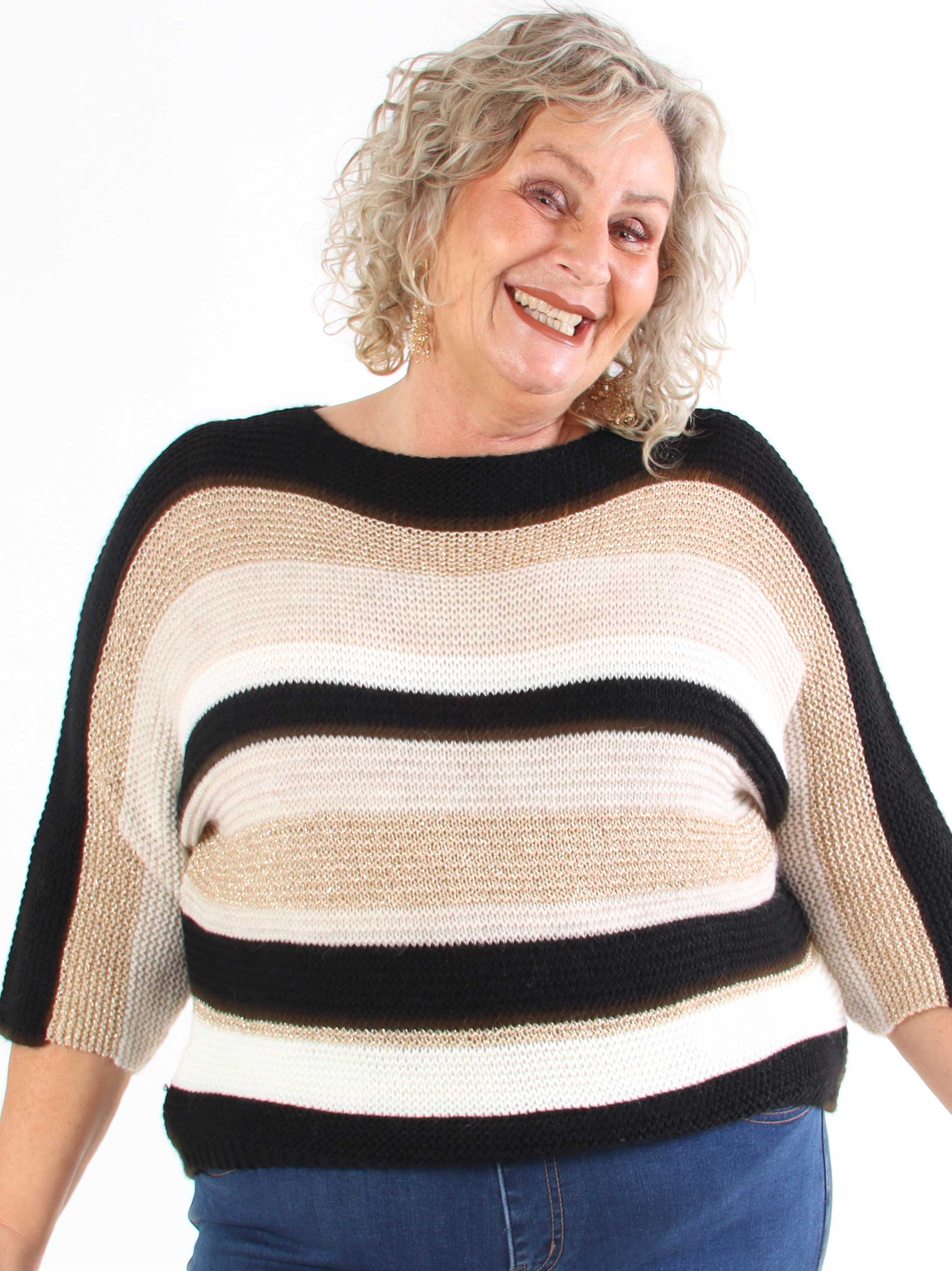 Nina - Stickad blus i plus size med ull- och guldränder